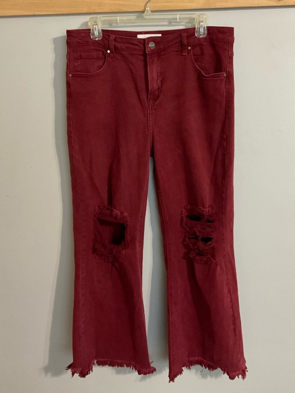 Women's Distressed Flare Jeans in Burgundy